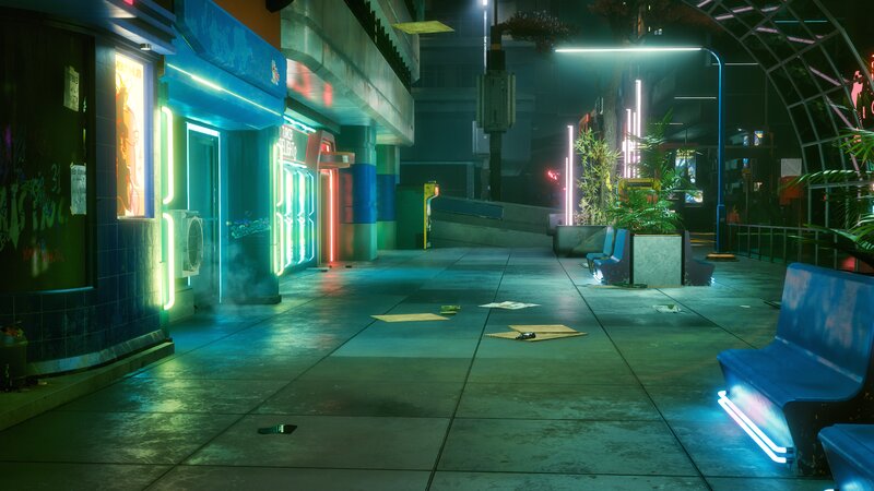 Neon-lit Alleyway at Night — Blue, Dark, Futuristic