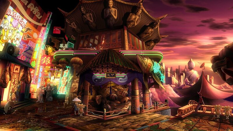 Neon-lit Asian cityscape at dusk