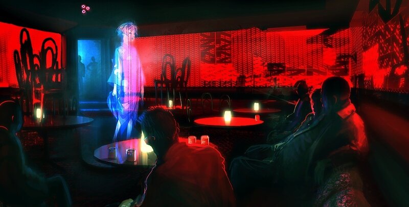 Neon-lit bar with hologram performer