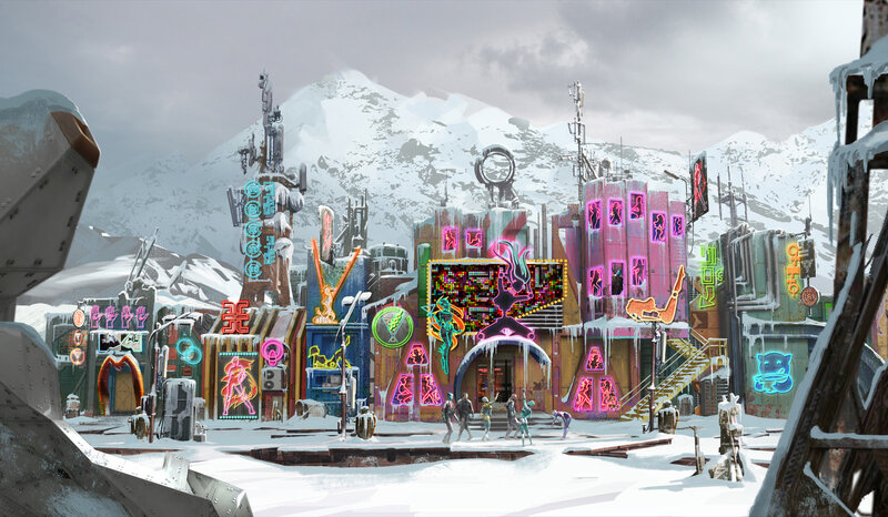 Neon-lit Buildings in Snow