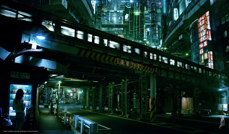 Neon-lit city at night