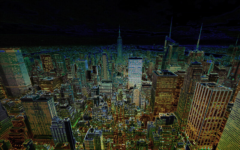 Neon-lit city skyline at night