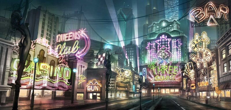 neon-lit city street at night