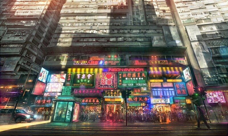 neon-lit city street at night