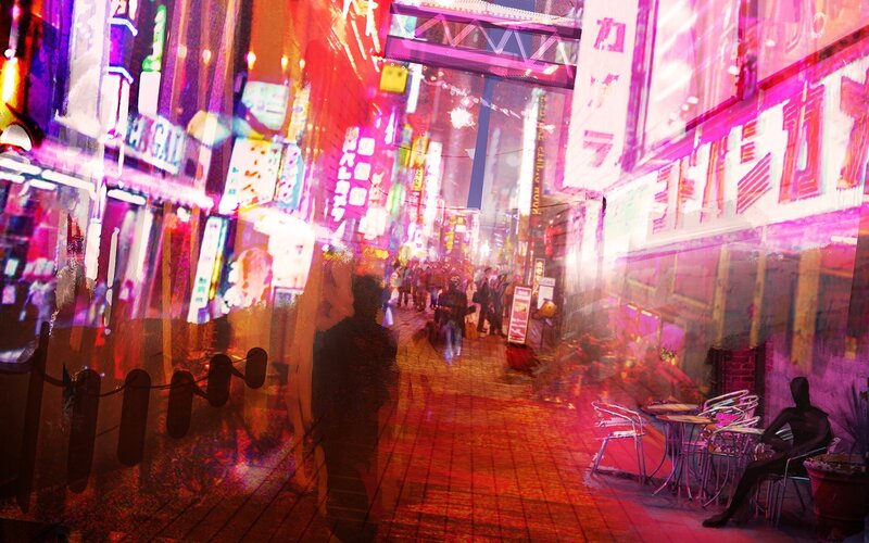 neon-lit city street at night