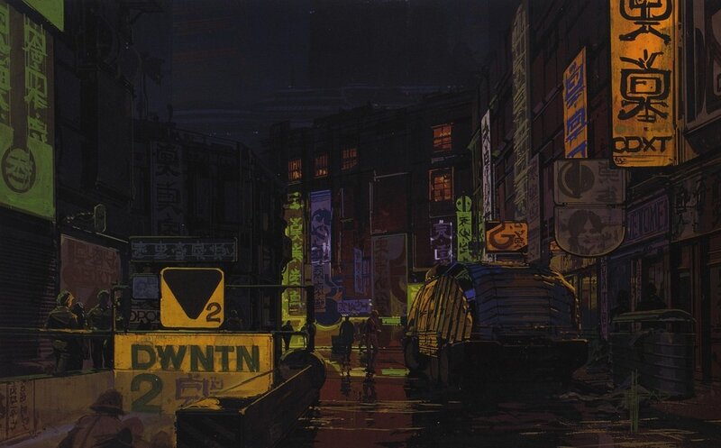 neon-lit city street at night