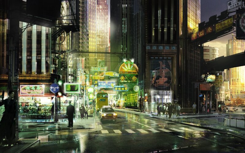 neon-lit city street at night