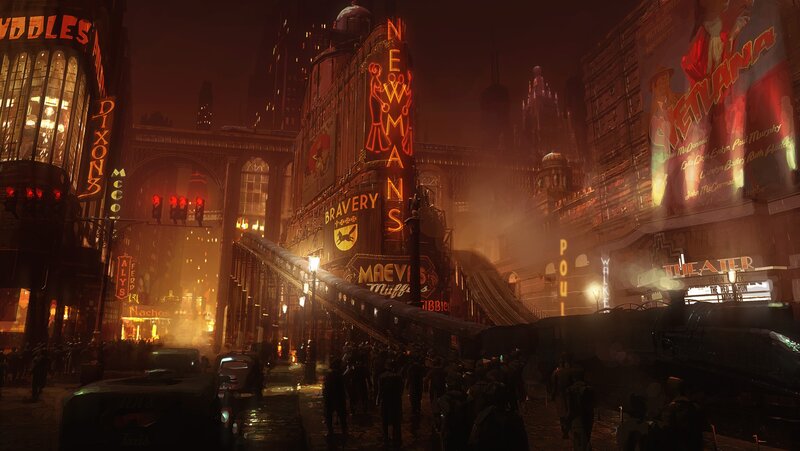 neon-lit city street at night