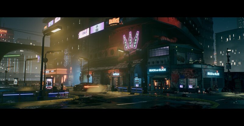 Neon-lit City Street — Black, Dark, Futuristic, Night