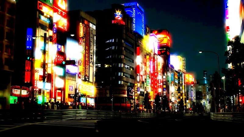 Neon-lit City Street — Black, Vibrant, Night, Photograph
