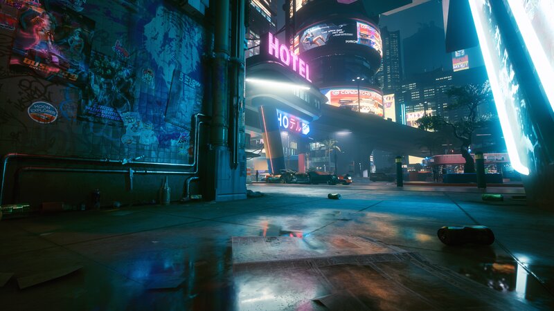Neon-lit City Street — Blue, Dark, Futuristic, Night