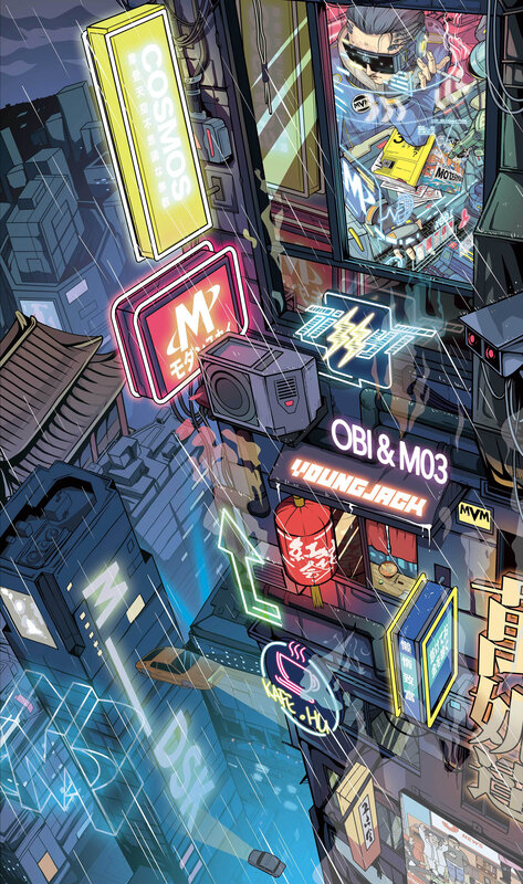 Neon-lit City Street — Blue, Dramatic, Night, Digital Art, Neon Signs