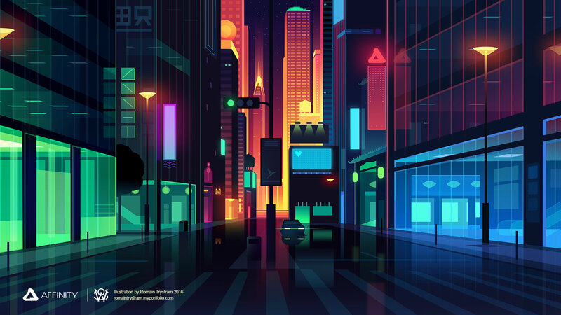 Neon-lit City Street — Blue, Nocturnal, Night, Digital Art