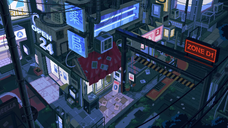 Neon-lit City Street — Blue, Nocturnal, Night, Pixel Art