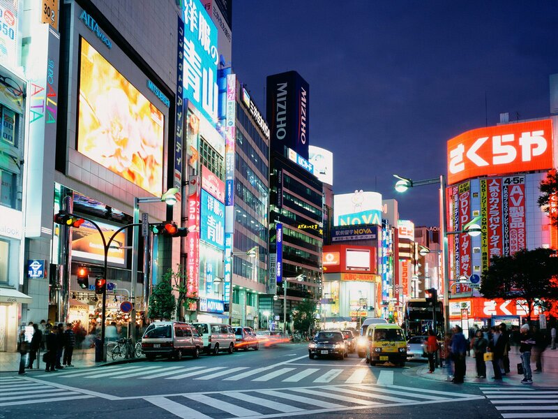 Neon-lit City Street — Blue