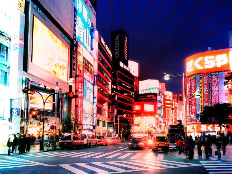 Neon-lit City Street — Blue, Vibrant, Night