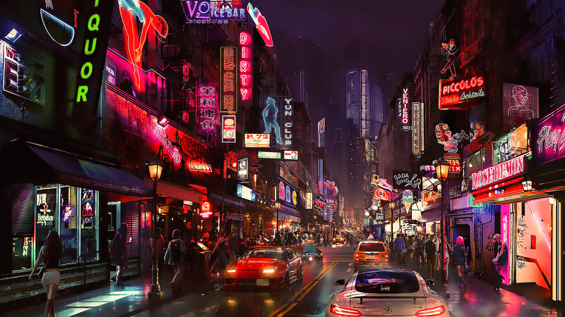 Neon-lit City Street — Purple, Dramatic