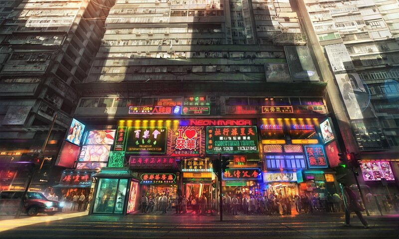 Neon-lit City Street — Red, Dramatic