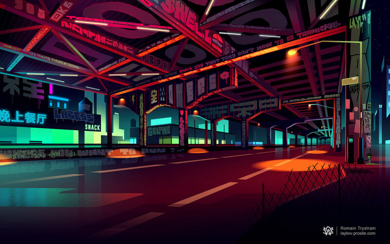 Neon-lit City Street — Red, Dystopian, Night