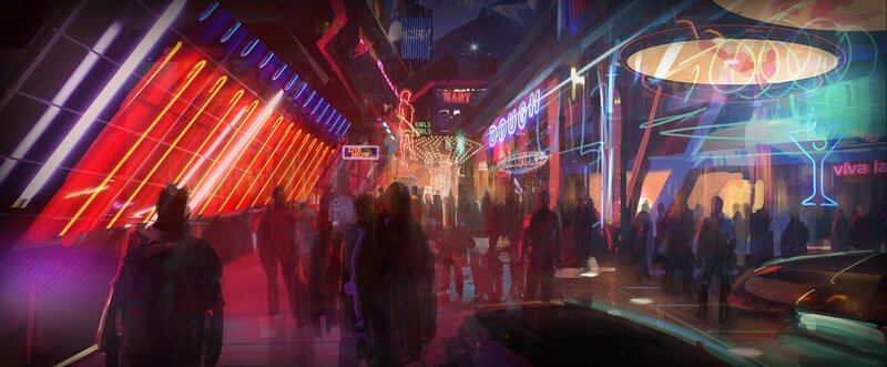 Neon-lit City Street — Red, Dystopian