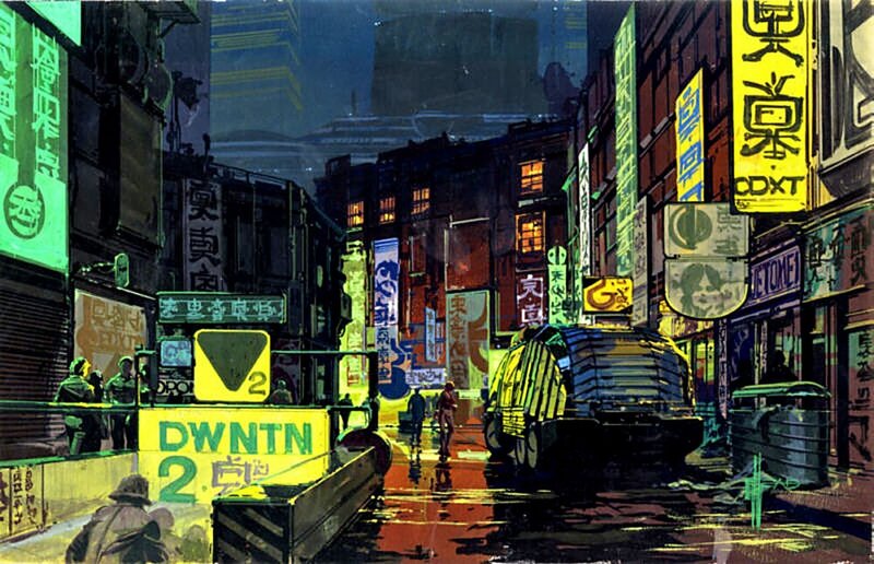 Neon-lit City Street — Yellow, Dystopian