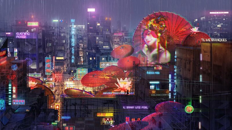 Neon-lit Cityscape at Night — Purple