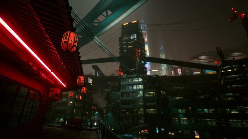 Neon-lit Cityscape at Night — Red