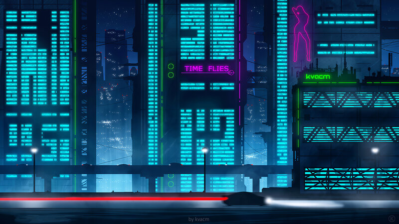 Neon-lit Cityscape — Blue, Dystopian