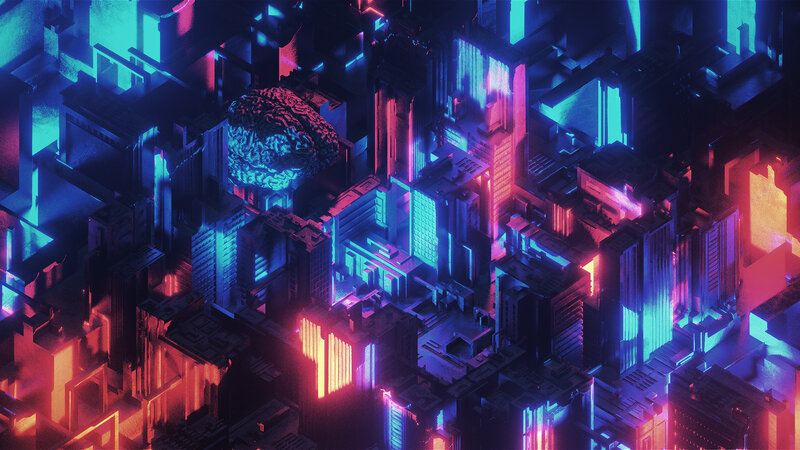 Neon-lit Cityscape with Brain