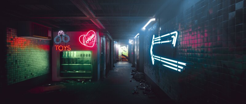 Neon-lit Corridor — Black, Dark