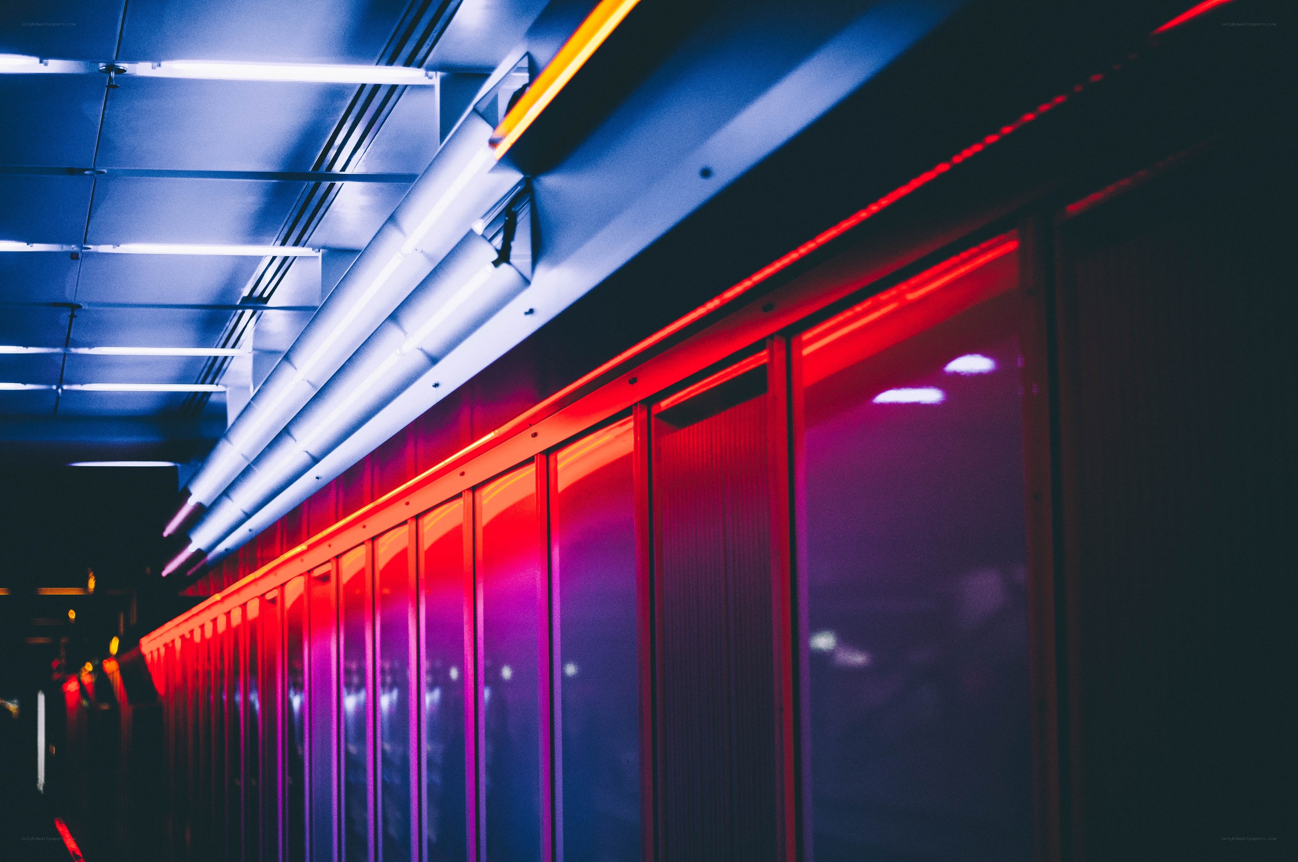 neon-lit corridor with red and blue lights