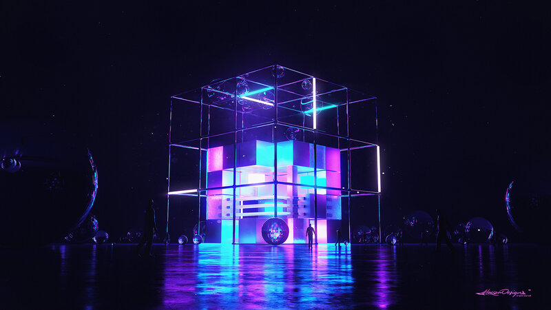 Neon-lit Cube Structure