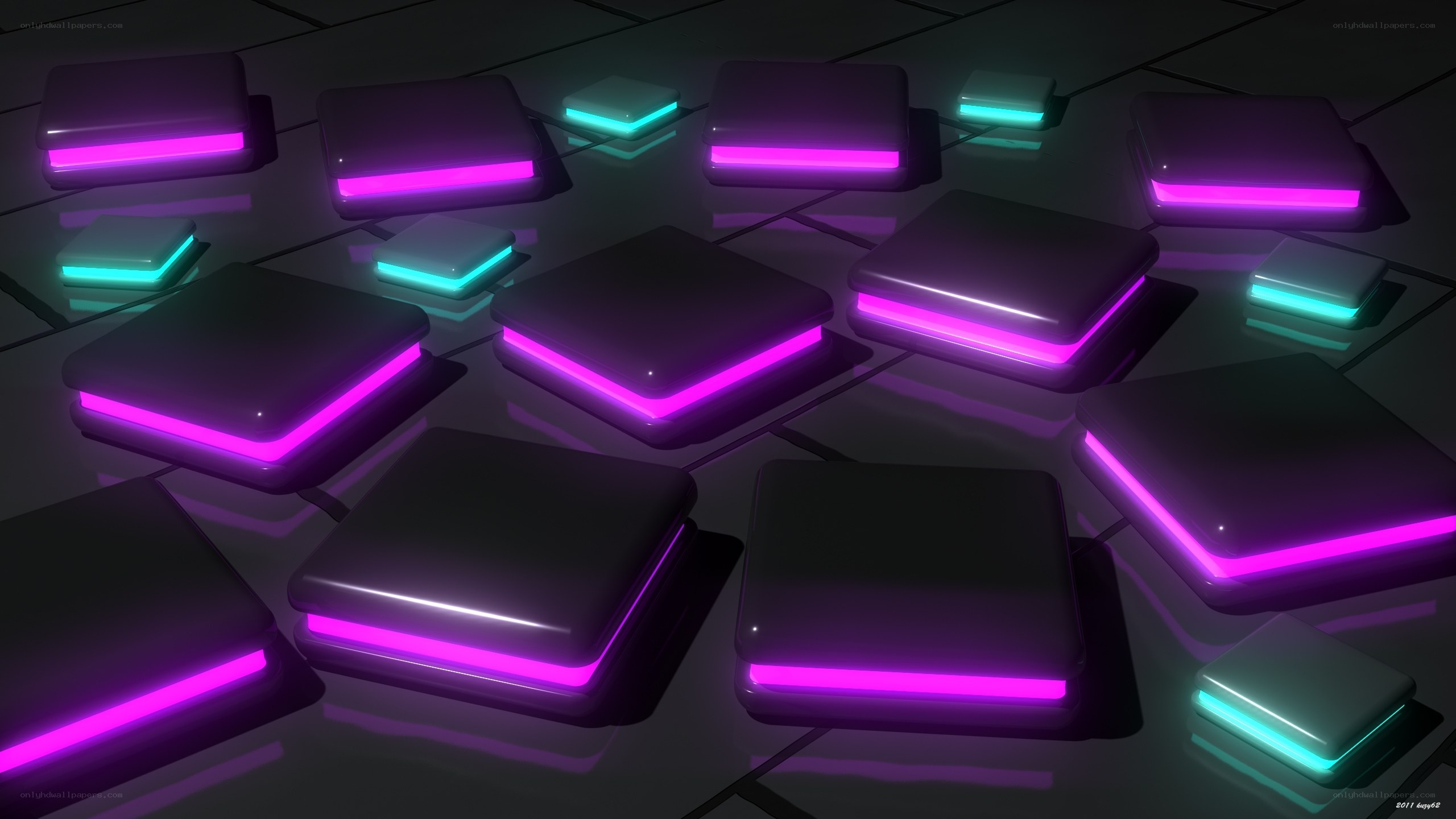 Neon-lit cubes on dark floor