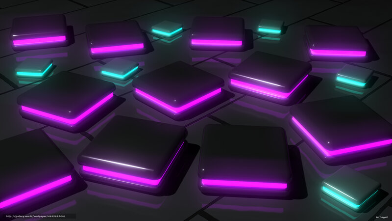 Neon-lit cubes on reflective floor