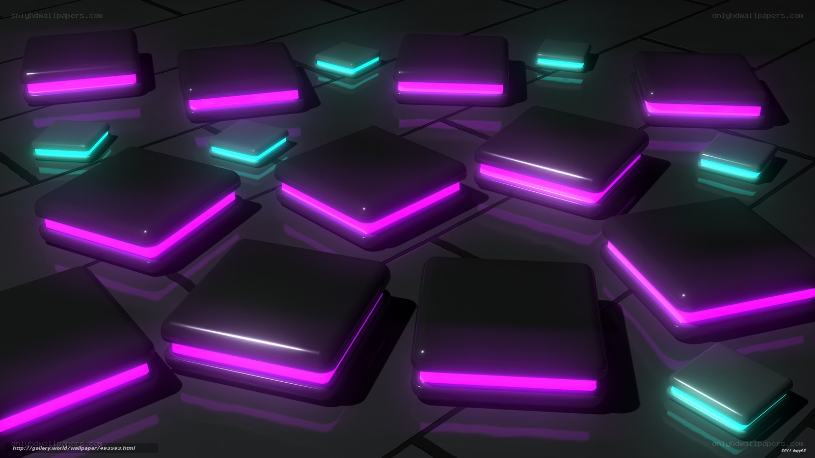 Neon-lit cubes on reflective floor