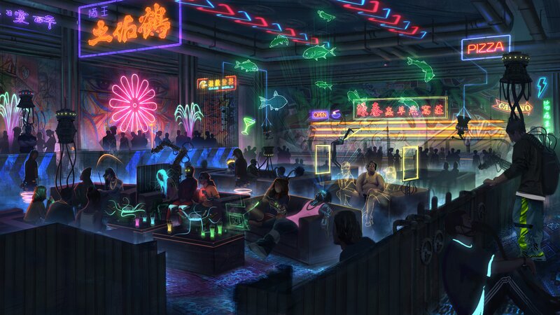Neon-lit Cyberpunk Bar