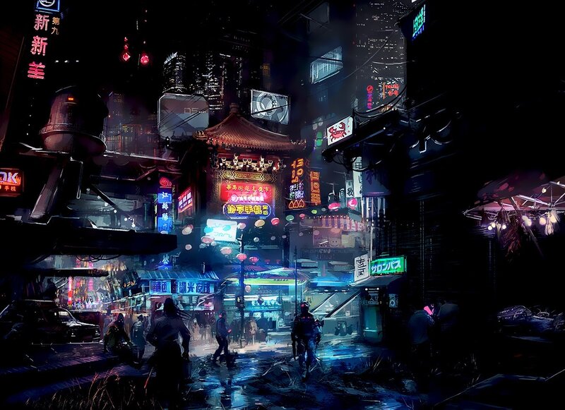 neon-lit cyberpunk city street