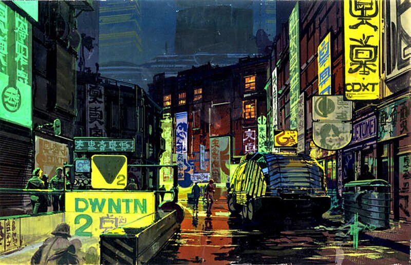 neon-lit cyberpunk city street