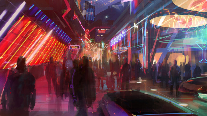 Neon-lit cyberpunk street scene