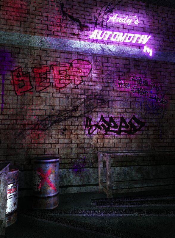 Neon-lit garage alley