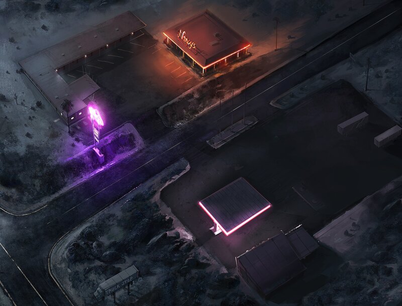 Neon-lit gas station at night