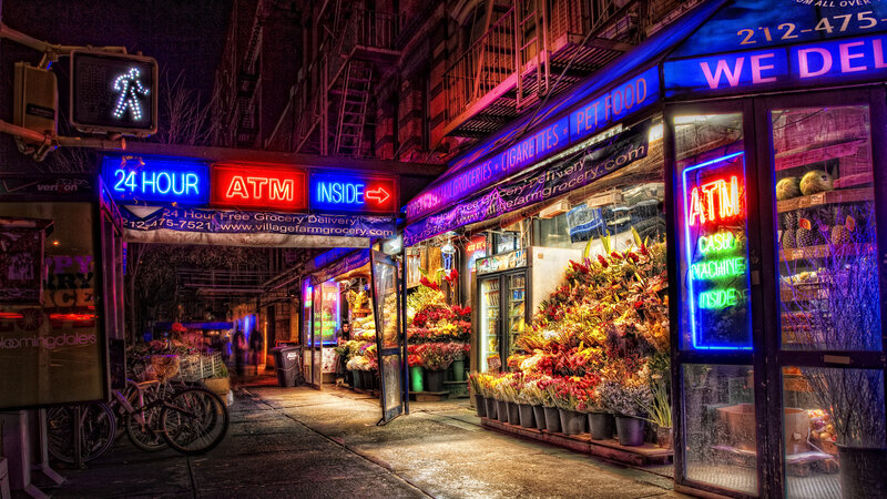 Neon-lit Grocery Store
