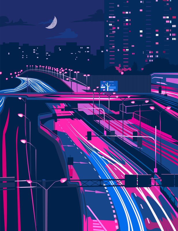 Neon-lit Highway Interchange