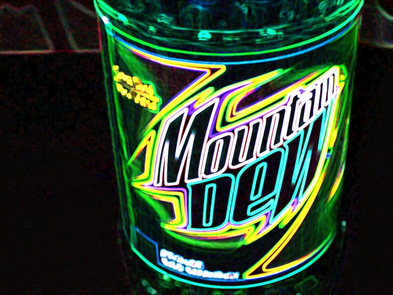 Neon-lit Mountain Dew bottle