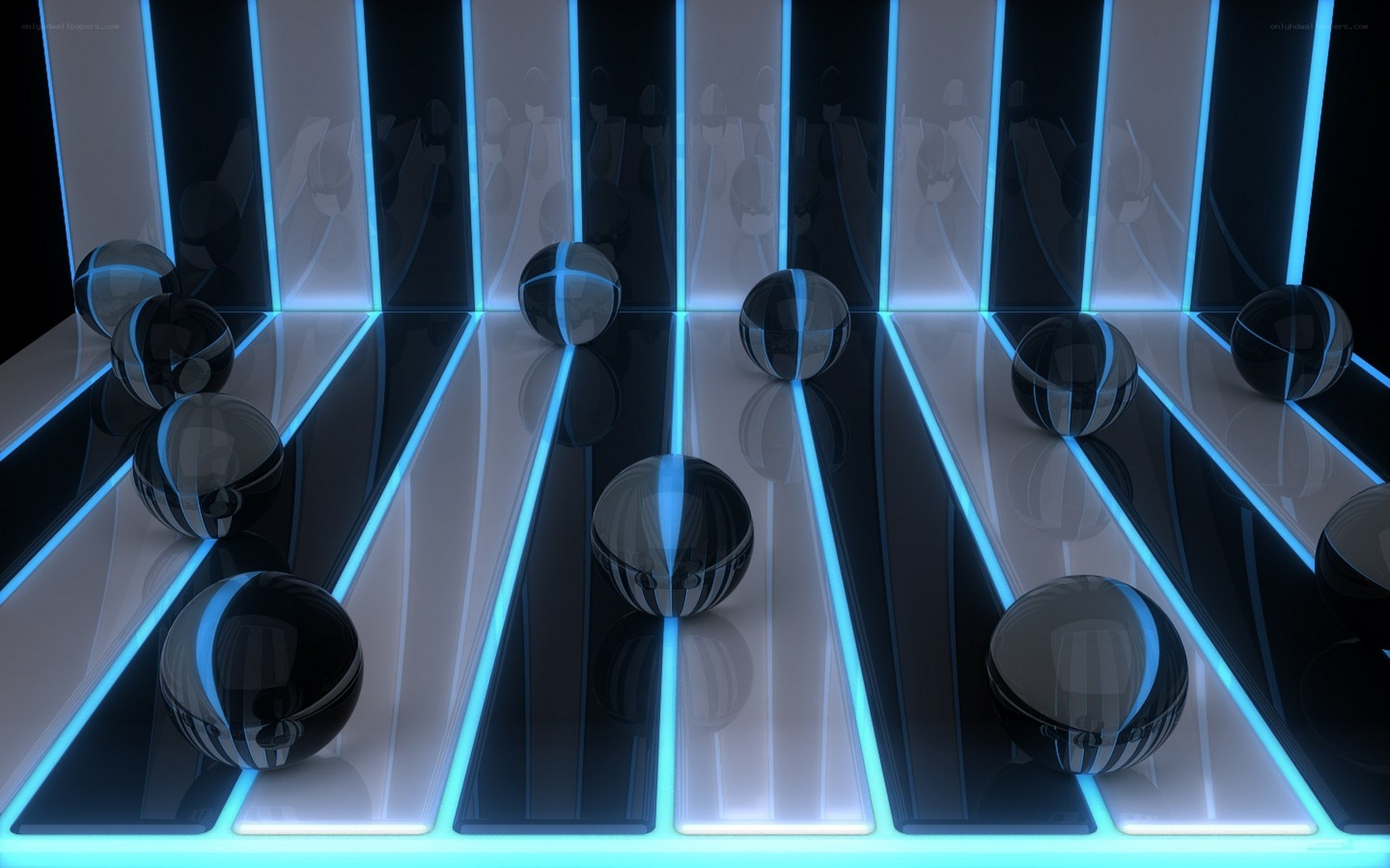 Neon-lit spheres on reflective surface