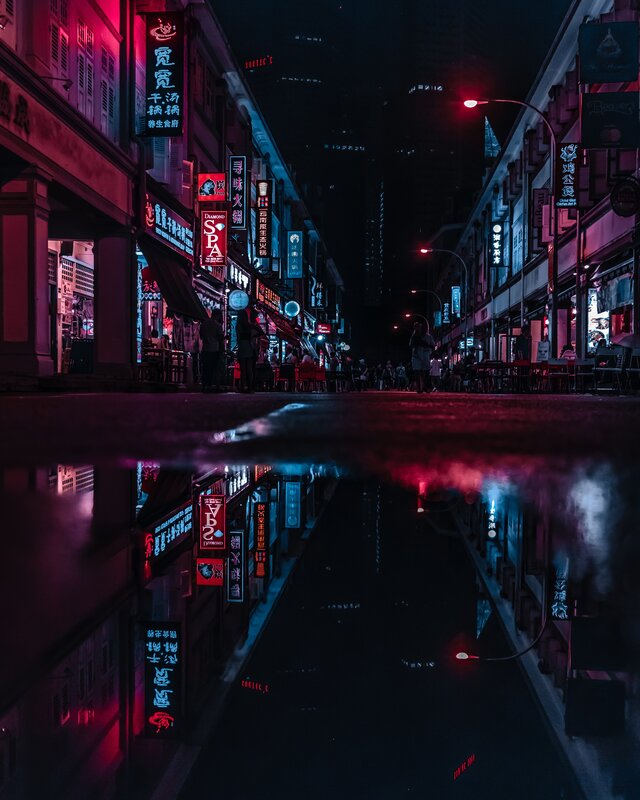 Neon-lit Street at Night — Red, Dramatic