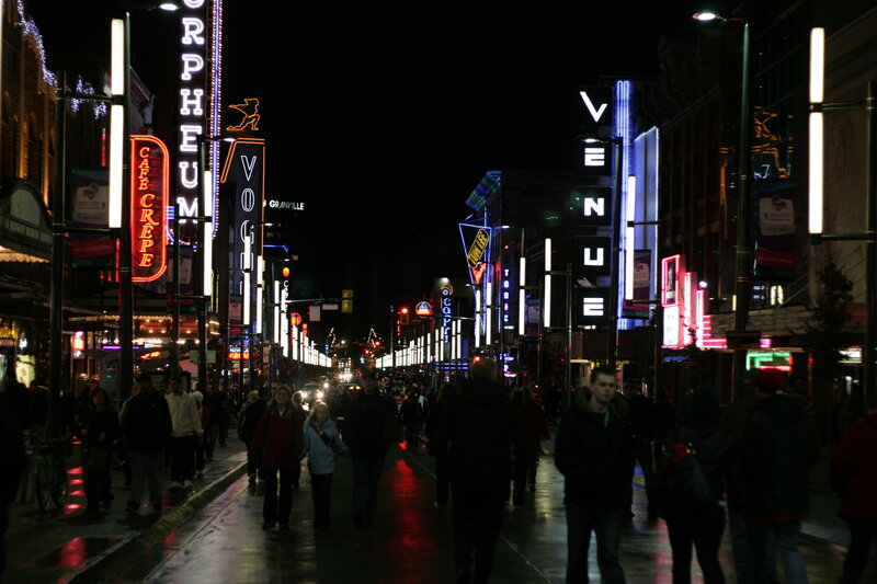 Neon-lit street at night
