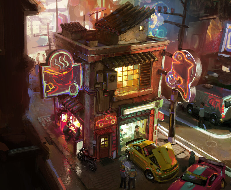 Neon-lit Street Corner