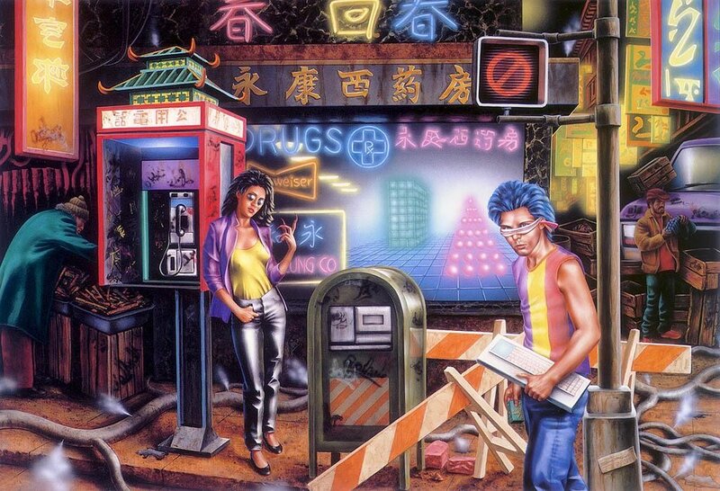 Neon-lit urban street scene