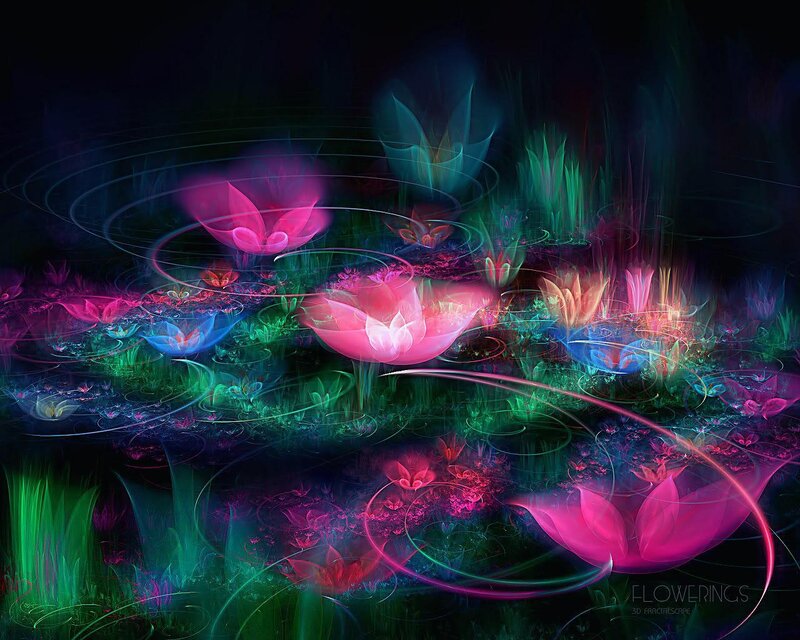 Neon lotus flowers in dark water